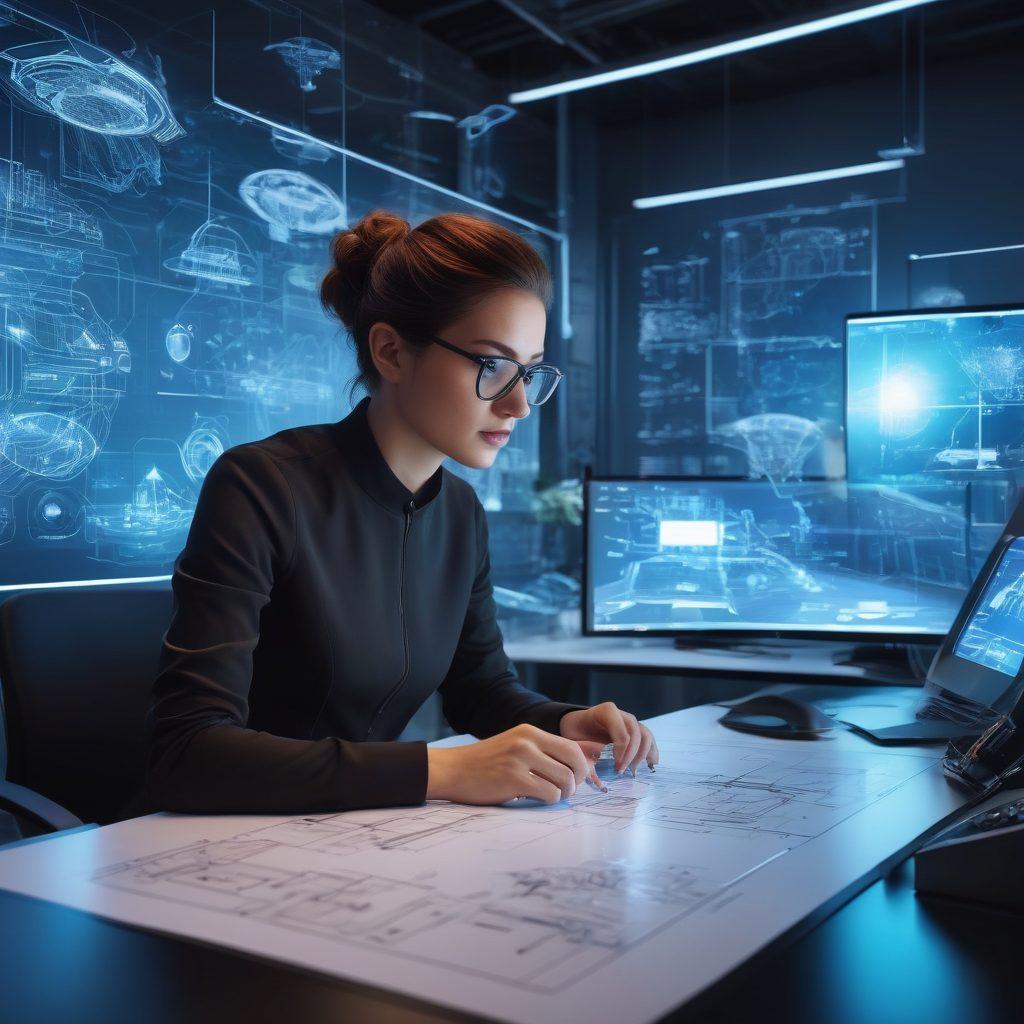 A dynamic scene showcasing a designer at a futuristic workspace, surrounded by holographic 3D models and Autodesk software interfaces. The designer is actively manipulating designs in mid-air, with vibrant blueprints and engineering schematics floating around. The background features sleek technology and creative inspiration, like sketches and tools. The overall atmosphere should convey innovation and the power of digital design. super-realistic. vibrant colors. futuristic setting.
