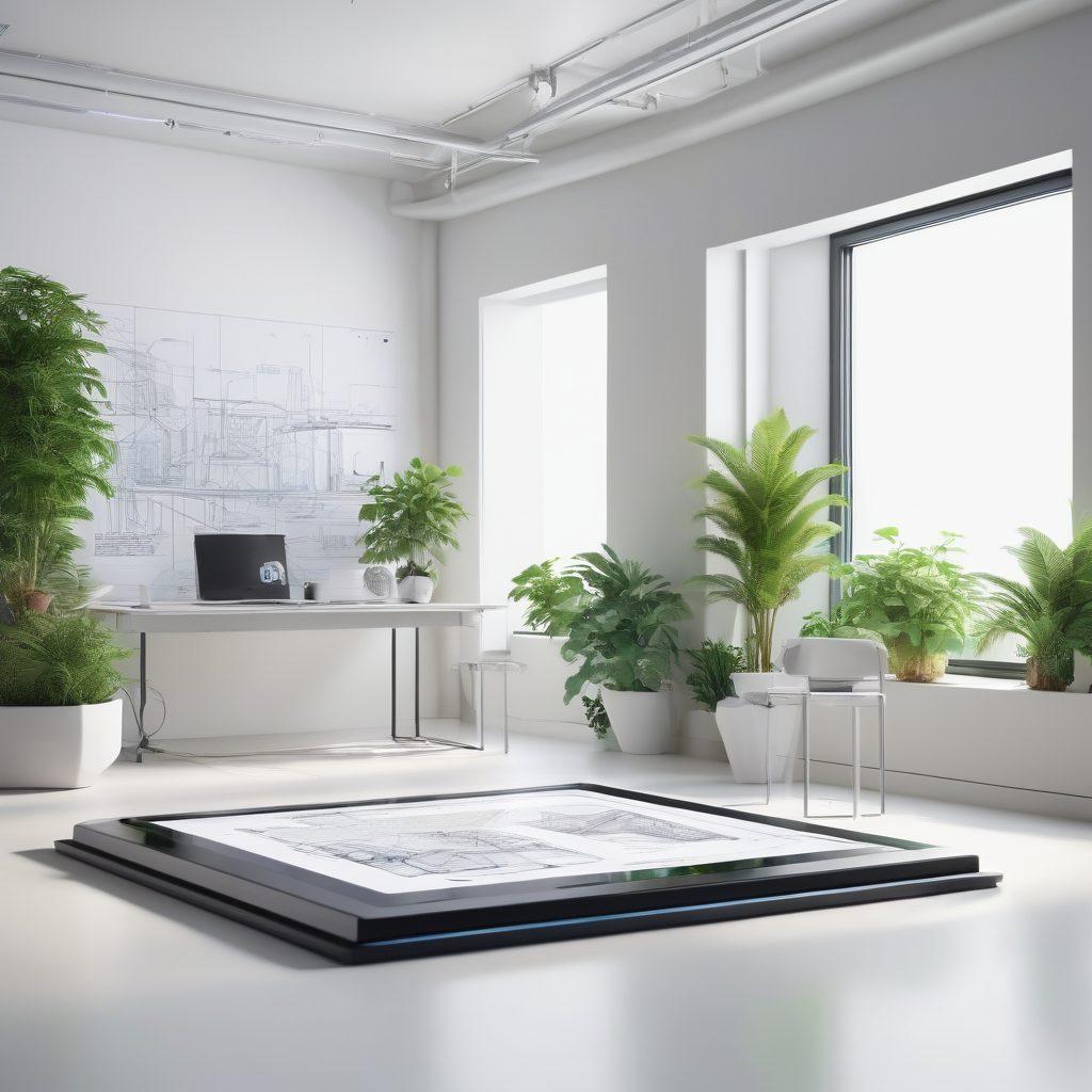 A futuristic workspace showcasing digital design tools like tablets and 3D printers in action, with blueprints, architectural models, and vibrant screens displaying innovative designs. The scene should blend elements of architecture and product design, highlighting creativity and technology. Add a touch of greenery for balance. super-realistic. vibrant colors. white background.