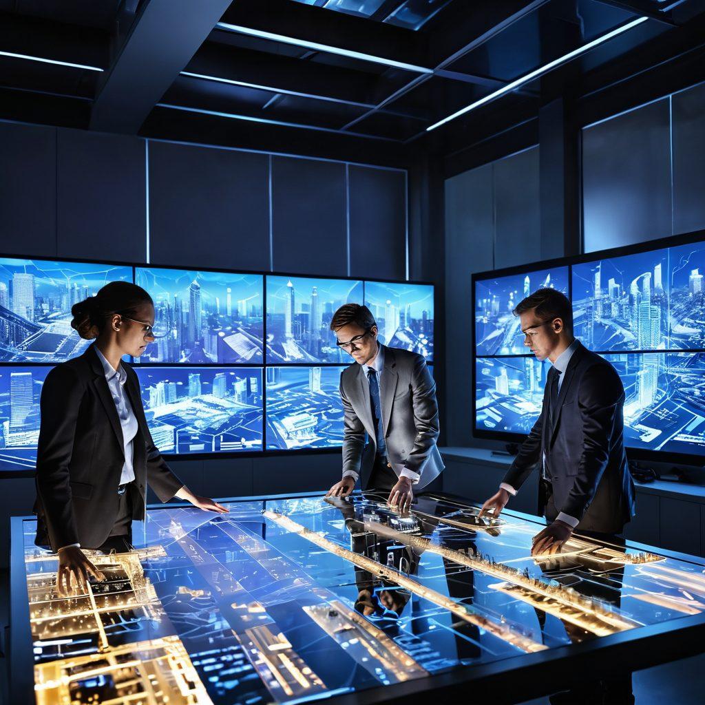 A futuristic engineering lab with diverse engineers collaborating on digital screens displaying intricate Building Information Modeling (BIM) designs and simulations. Hovering holographic projections showcase 3D models of buildings and infrastructure. The scene is illuminated with bright LED lights and filled with high-tech gadgets, symbolizing innovation and teamwork in engineering. The backdrop includes a large window revealing a sprawling cityscape under construction. super-realistic. vibrant colors. 3D.